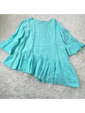 Bryn Walker Franci Asymmetrical Gauzy Ruffle Top Blouse Mint Blue Womens Medium